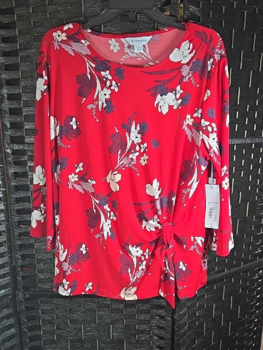 Liz Claiborne Red Floral Side-Tie Womens XL Blouse NWT